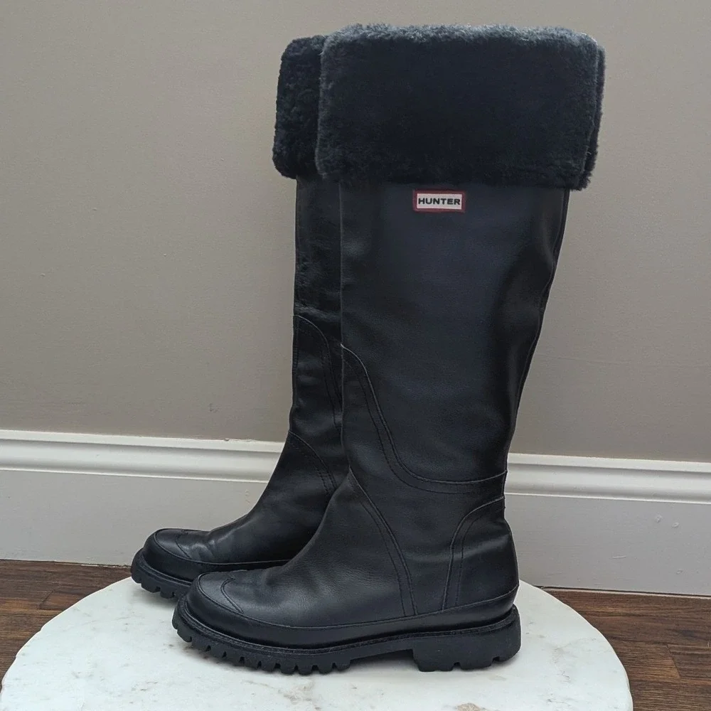 Hunter Steamboat Womens Sz 7 Black Leather Tall Boots Sheepskin Lined Waterproof